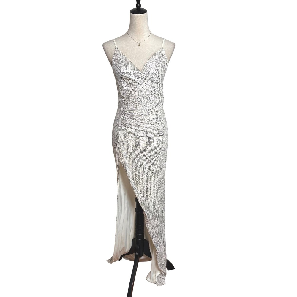 Baltic Born Silver Sequin Maxi Dress Surplice V-Neck High Slit Formal Gown M